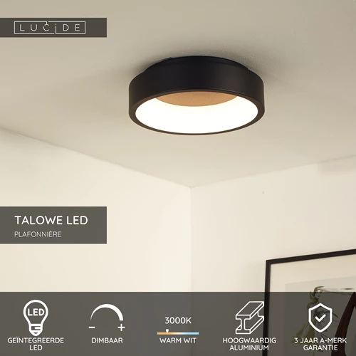 Lucide TALOWE LED - Plafonnière - Ø 30 cm - LED Dimb. - 1x20W 3000K - Zwart - USP
